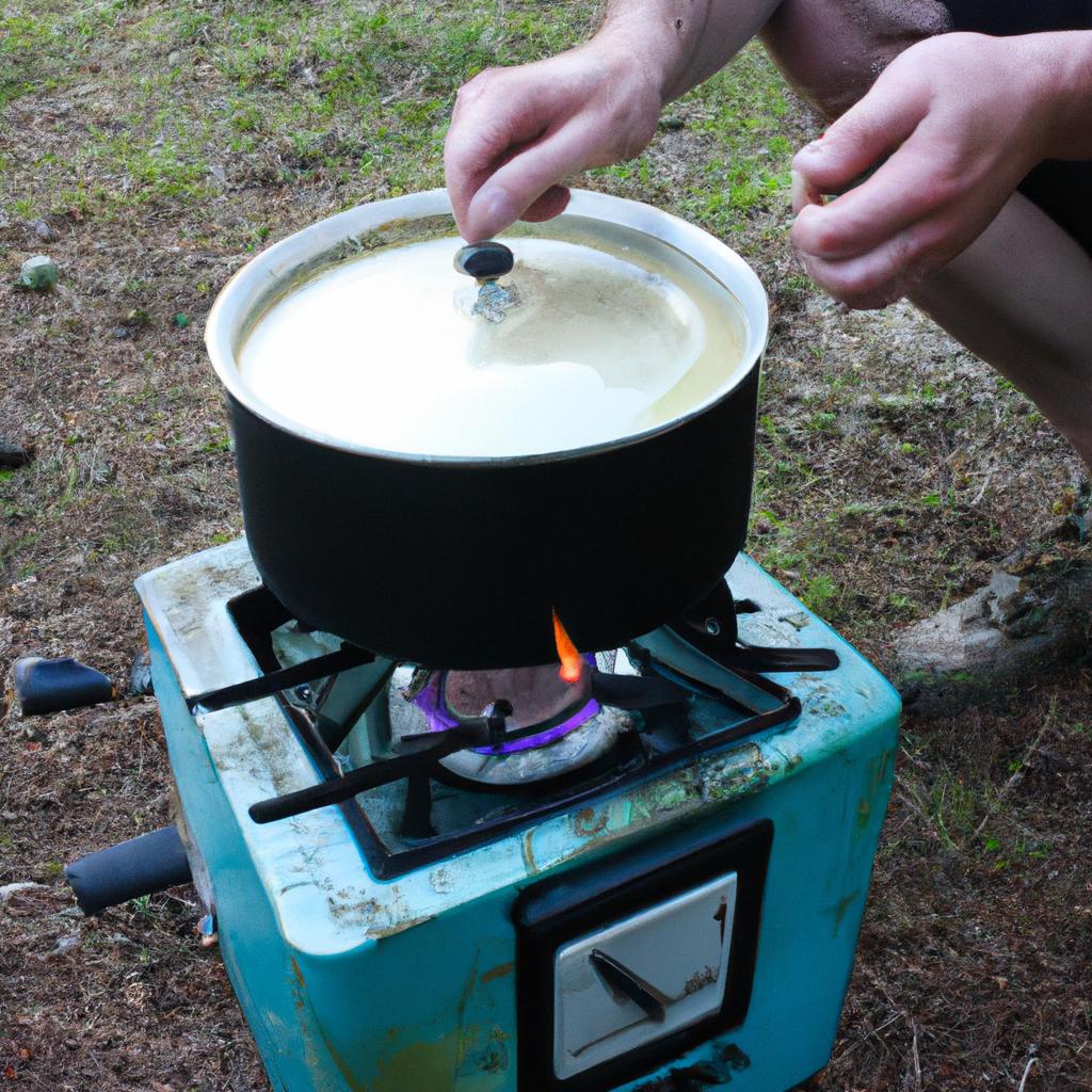 Person cooking at campsite stove