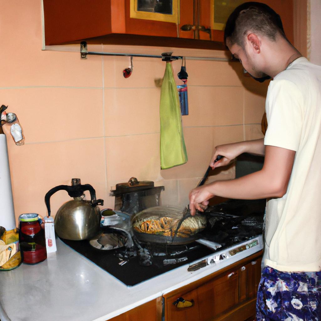 Person cooking in guesthouse kitchen